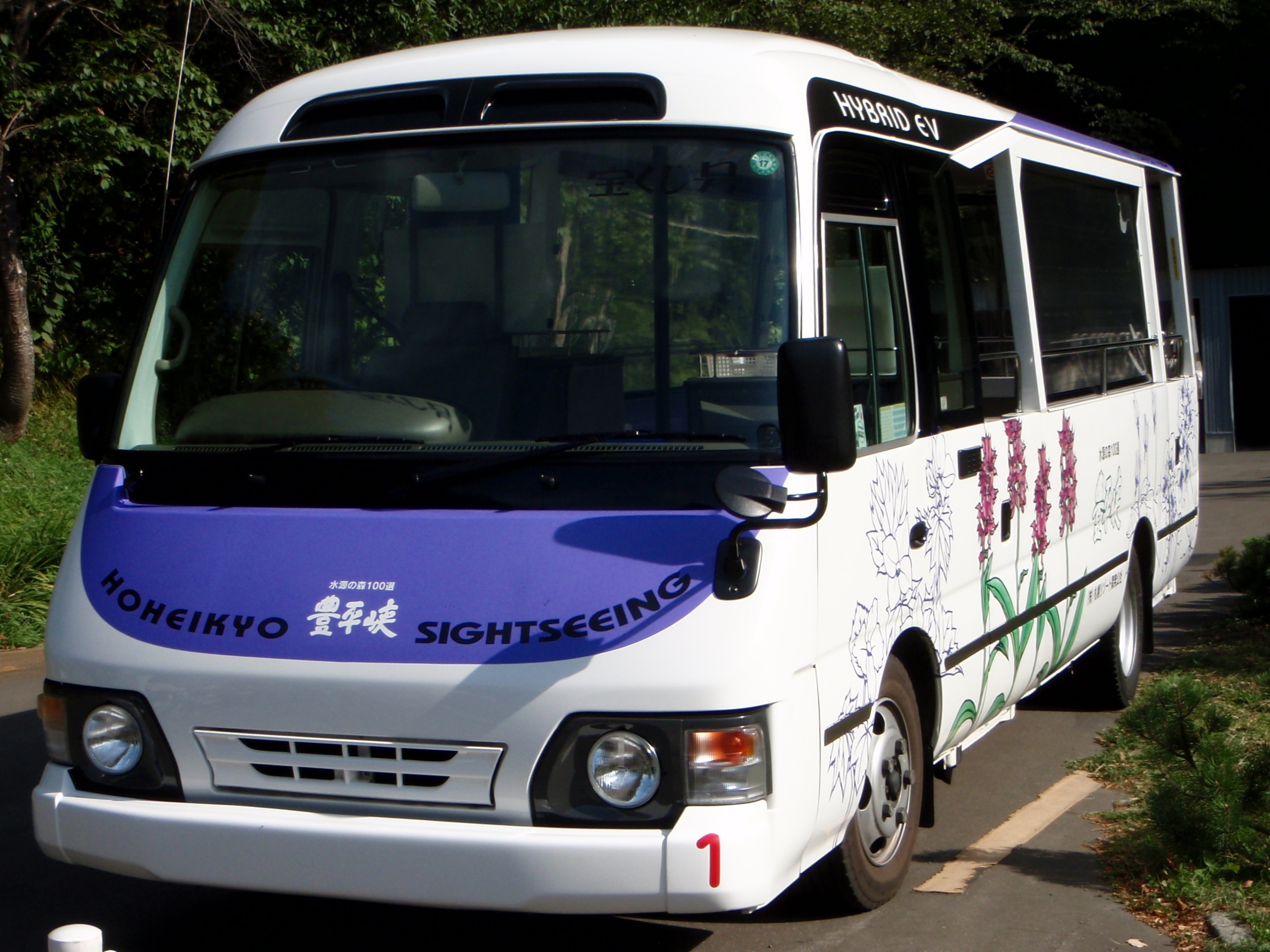 Toyota Coaster Hybrid EV у плотины Хохэйкё, белый автобус с фиолетовой передней панелью